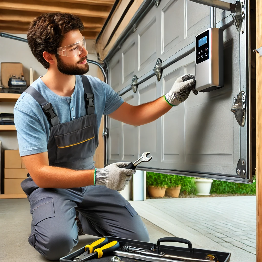 A professional garage technician installing a modern garage door opener in a well-lit suburban garage, using tools and wearing safety gear.