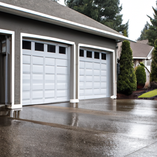 Sectional garage door on a Vancouver, WA rental home with wet pavement and visible weatherstripping