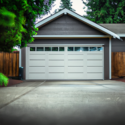 Residential garage with modern panel door in a Vancouver, WA neighborhood, evergreen trees and cedar fence in soft overcast light.