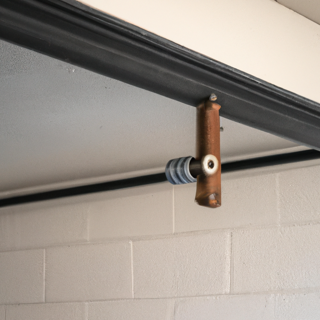 Close-up of a residential garage door torsion spring and counterbalance mechanism during inspection