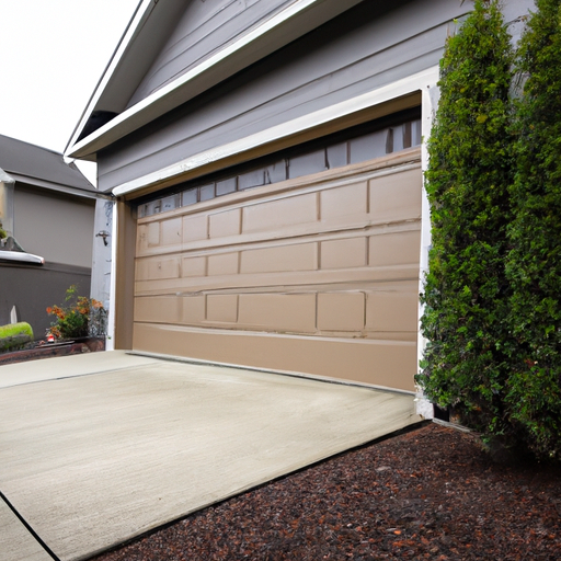 Modern insulated garage door on a Vancouver, WA home with wet pavement and evergreen landscaping.