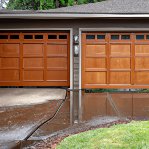 Sectional garage door partially open on a Vancouver, WA home with visible tracks and weatherstripping, wet pavement and cedar fence.