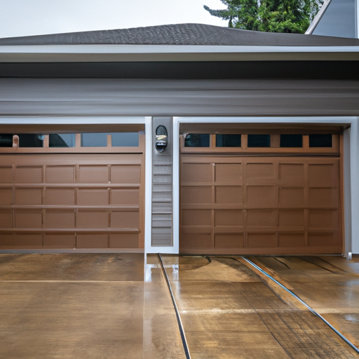Suburban Vancouver, WA two-car garage with modern sectional door partially open and smart opener visible under overcast sky.