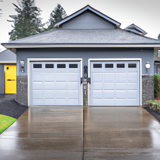 Modern steel garage door partially open at a Vancouver, WA house on an overcast day with visible safety sensors and wet driveway.