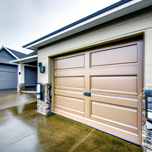Suburban Vancouver, WA exterior showing a modern sectional garage door with smart-home keypad and hub visible, overcast light.