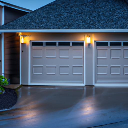 Suburban Vancouver garage exterior at dusk showing a modern insulated garage door and wet driveway.
