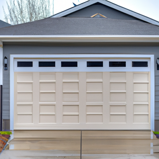 Insulated residential garage door on a Vancouver, WA home exterior under overcast skies, showing seals and windows.