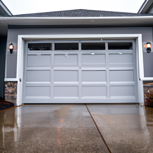 Exterior view of a modern garage door in Vancouver, WA showing seals and threshold on a wet day.