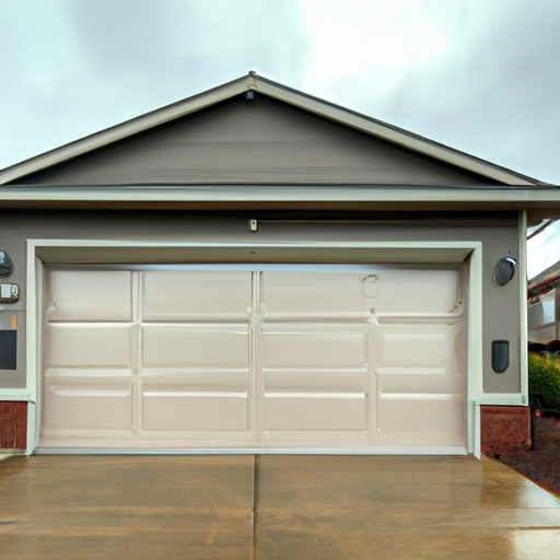 Modern insulated steel garage door on a suburban Vancouver, WA home under overcast sky.