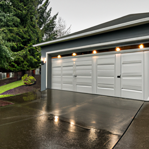 Partially open modern garage door in Vancouver, WA showing tracks and springs on an overcast morning.