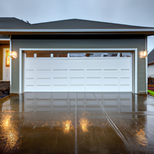 Editorial photo of a modern steel garage door on a Vancouver, WA suburban home in overcast light with a wet driveway; no people visible.