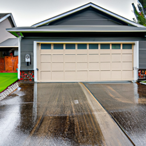 Suburban Vancouver, WA residential garage door on an overcast day with visible tracks and wet driveway.