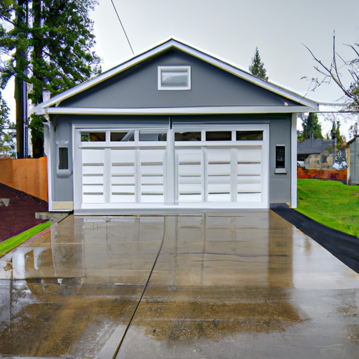 Newly installed sectional garage door on a suburban Vancouver, WA home with wet driveway and cloudy sky.