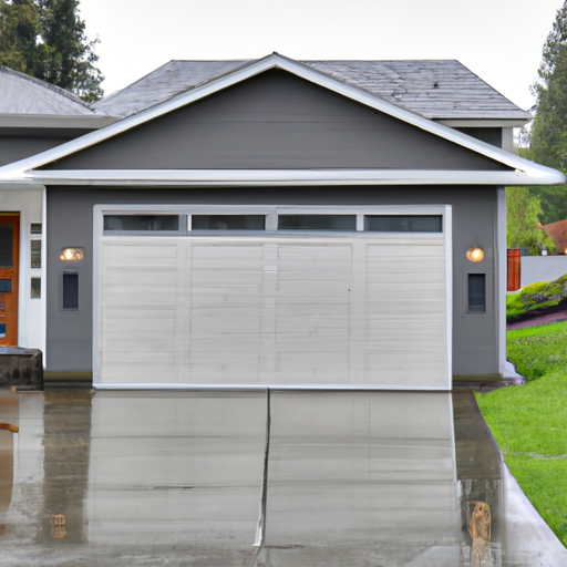 Closed sectional garage door on a suburban Vancouver, WA home on an overcast day with wet driveway.
